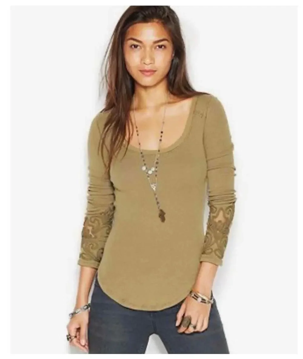 Free People Masquerade Cuff Long-Sleeve Thermal Tee, Size Small